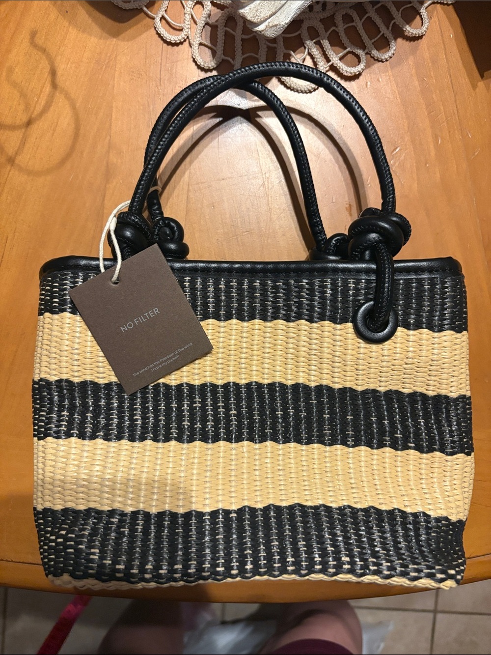 Black and Natural Striped Woven Tote
